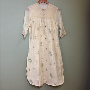 Buna Handmade Midi Dress Cream Cotton Silk Floral Buttons‎ Med Cottagecore Fairy